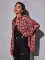 Drop Shoulder Patch Pocket Plaid Oversized Longline Blouse