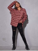 Drop Shoulder Patch Pocket Plaid Oversized Longline Blouse