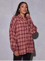 Drop Shoulder Patch Pocket Plaid Oversized Longline Blouse