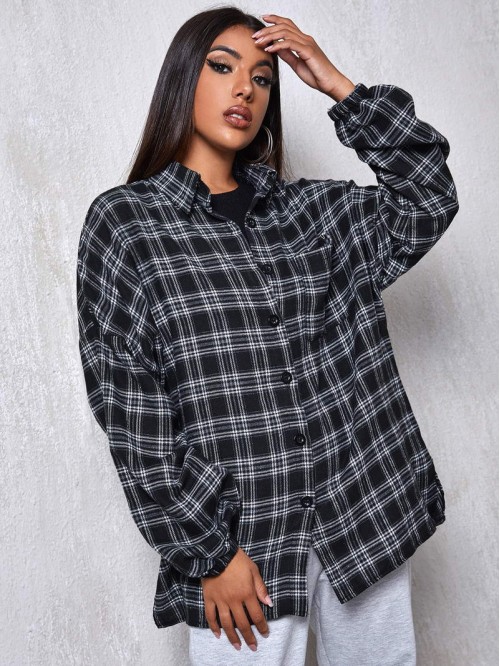 Drop Shoulder Patch Pocket Plaid Oversized Longline Blouse