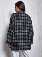 Drop Shoulder Patch Pocket Plaid Oversized Longline Blouse