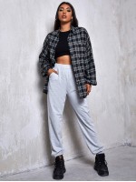 Drop Shoulder Patch Pocket Plaid Oversized Longline Blouse