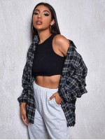 Drop Shoulder Patch Pocket Plaid Oversized Longline Blouse