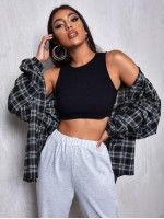 Drop Shoulder Patch Pocket Plaid Oversized Longline Blouse