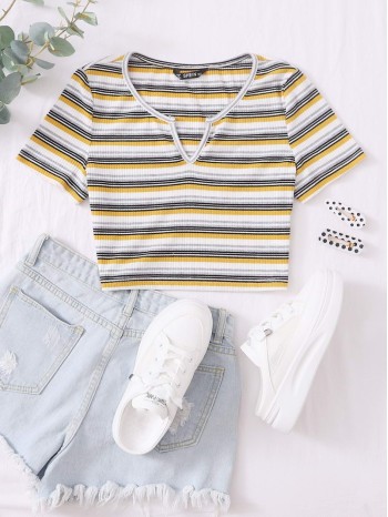 Notch Neck Rib-knit Striped Crop Top