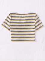 Notch Neck Rib-knit Striped Crop Top