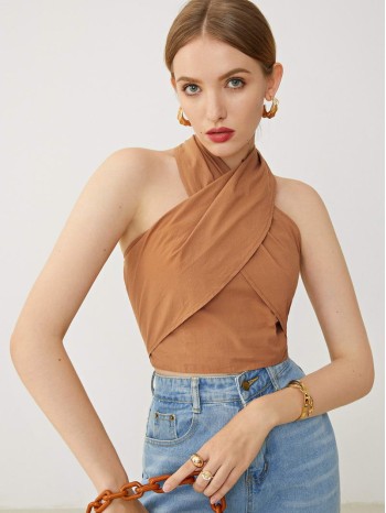 Cross Wrap Halterneck Tie Back Top