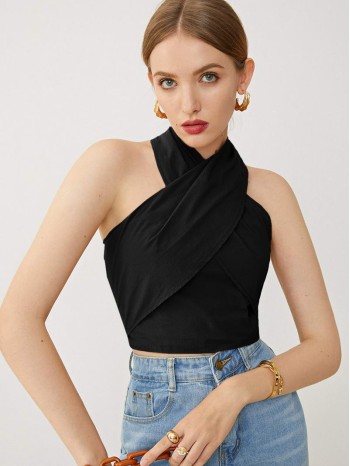 Cross Wrap Halterneck Tie Back Top