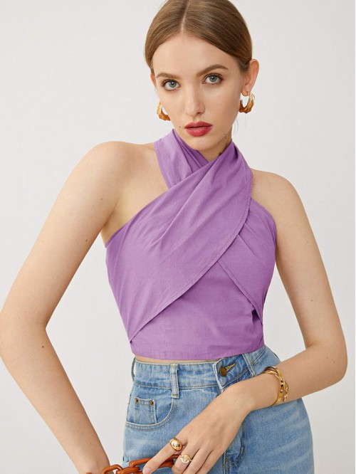 Cross Wrap Halterneck Tie Back Top