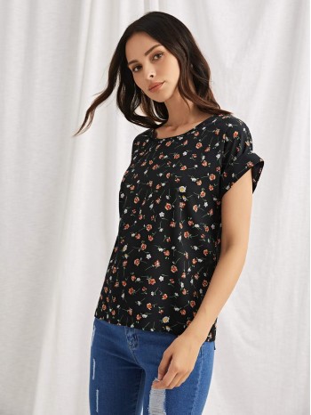 Rolled Cuff Ditsy Floral Top