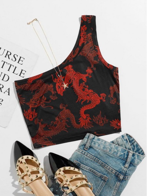 One Shoulder Chinese Dragon Top