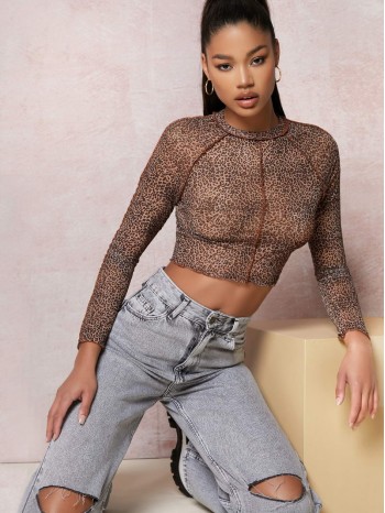 Leopard Slim Crop Mesh Top