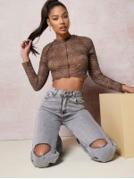 Leopard Slim Crop Mesh Top