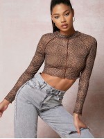 Leopard Slim Crop Mesh Top