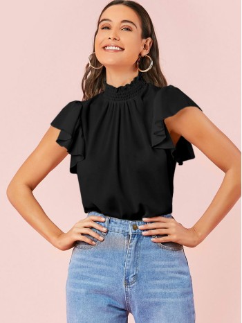 Shirred Neck Ruffle Armhole Top