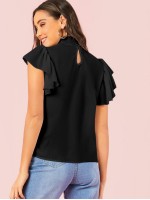 Shirred Neck Ruffle Armhole Top