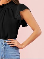 Shirred Neck Ruffle Armhole Top