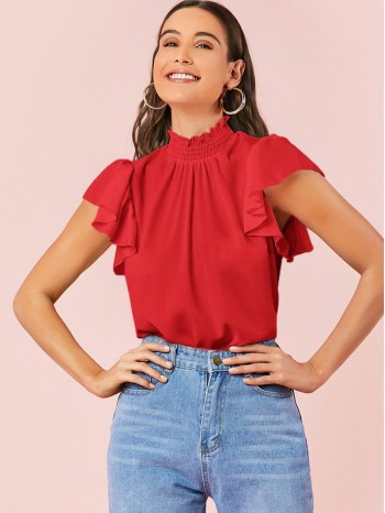 Shirred Neck Ruffle Armhole Top