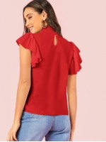 Shirred Neck Ruffle Armhole Top