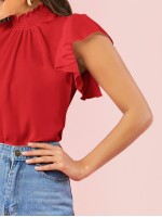 Shirred Neck Ruffle Armhole Top