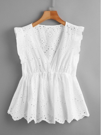 Eyelet Embroidered Scallop Ruffle Hem Top