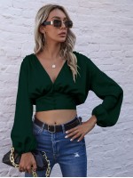 Bishop Sleeve Satin Crop Blouse