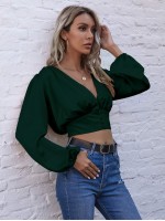 Bishop Sleeve Satin Crop Blouse