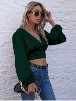 Bishop Sleeve Satin Crop Blouse