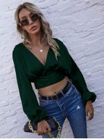 Bishop Sleeve Satin Crop Blouse