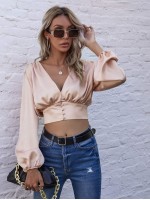 Bishop Sleeve Satin Crop Blouse