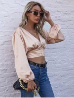 Bishop Sleeve Satin Crop Blouse