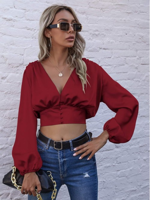 Bishop Sleeve Satin Crop Blouse