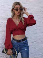 Bishop Sleeve Satin Crop Blouse