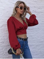 Bishop Sleeve Satin Crop Blouse