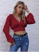 Bishop Sleeve Satin Crop Blouse