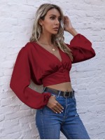 Bishop Sleeve Satin Crop Blouse