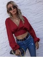 Bishop Sleeve Satin Crop Blouse