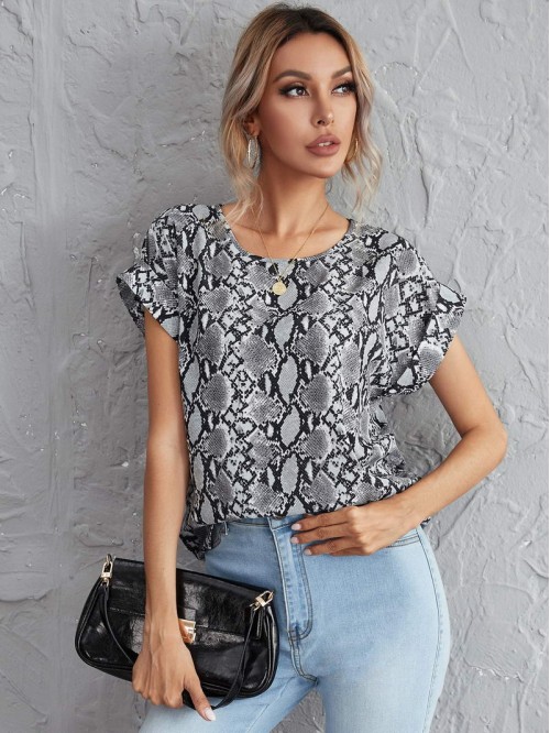 Snakeskin Print Cuffed Sleeve Top