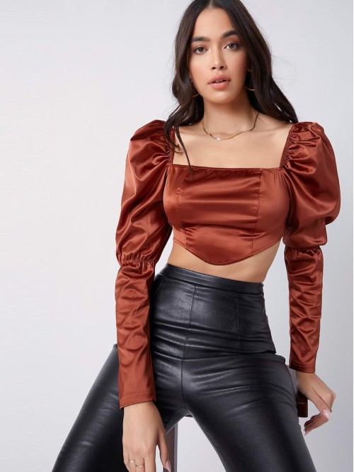 Gigot Sleeve Crop Satin Top