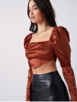 Gigot Sleeve Crop Satin Top