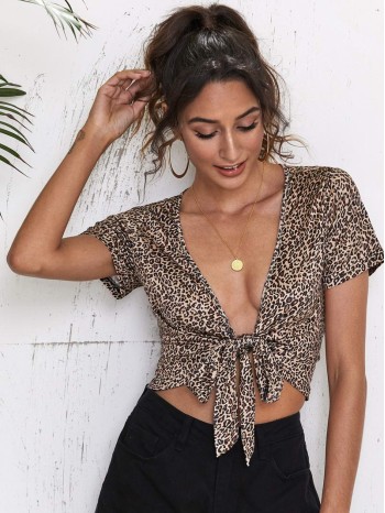 Leopard Plunging Self-Tie Crop Top