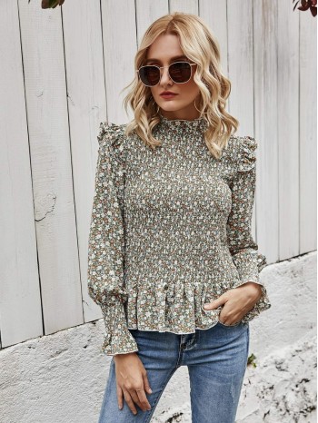 Floral Print Shirred Ruffle Hem Blouse