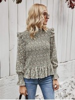 Floral Print Shirred Ruffle Hem Blouse