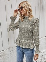 Floral Print Shirred Ruffle Hem Blouse