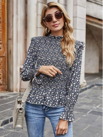 Floral Print Shirred Ruffle Hem Blouse