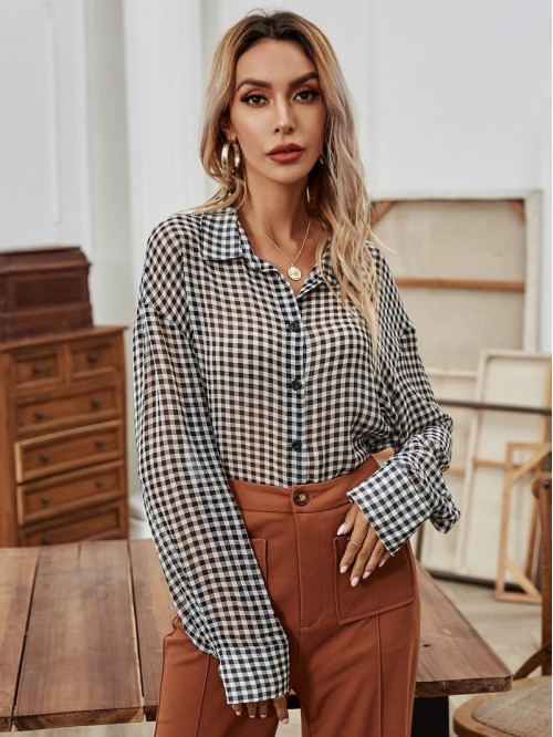 Drop Shoulder Gingham Button Up Blouse