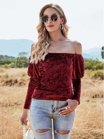 Off Shoulder Gigot Sleeve Velvet Tee