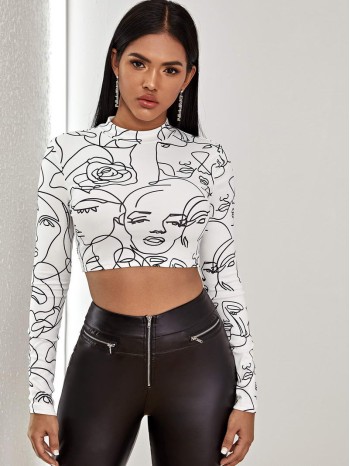 Mock-neck All Over Figure Crop Top