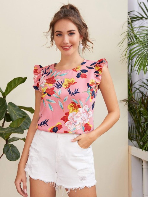 Ruffle Trim Floral Print Top