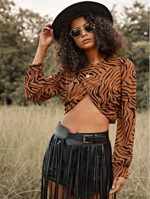 Tiger Striped Wrap Front Crop Top